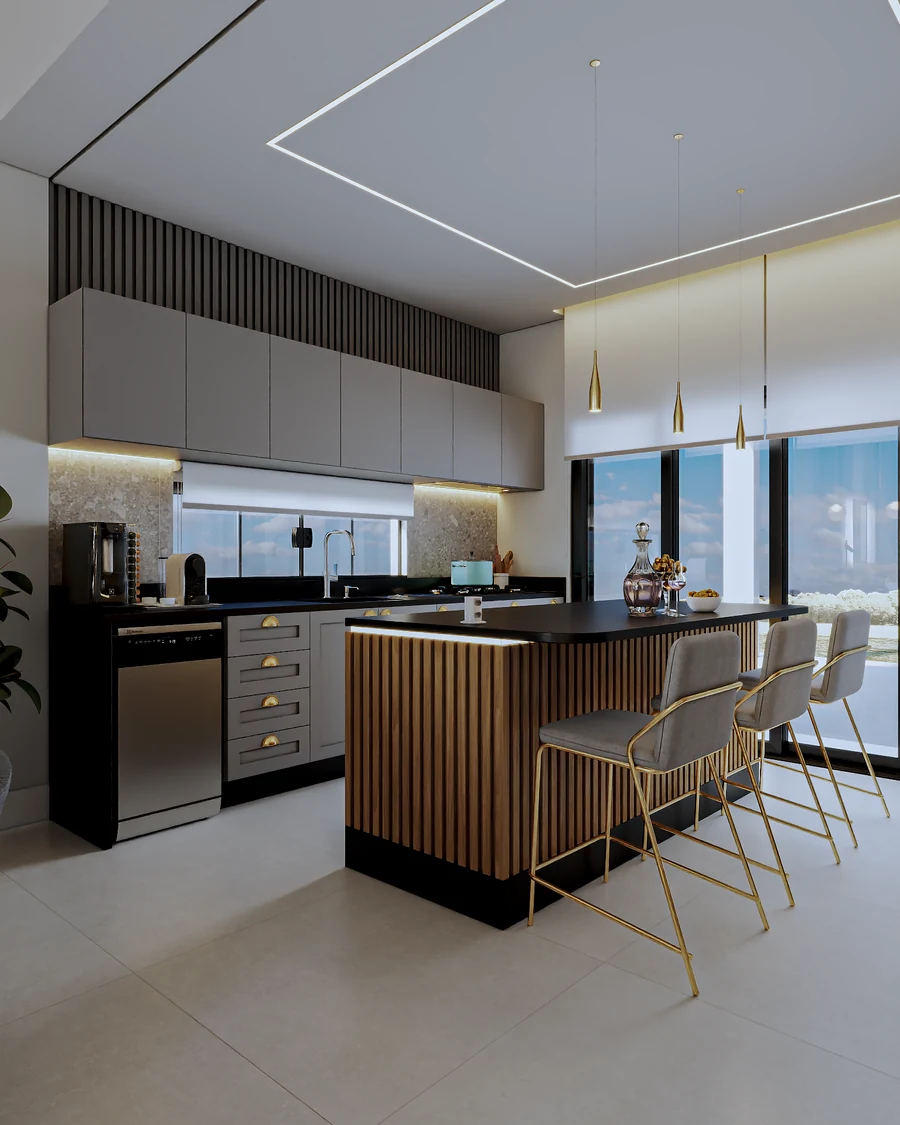 Cozinha contemporânea com ilha em madeira e detalhes dourados