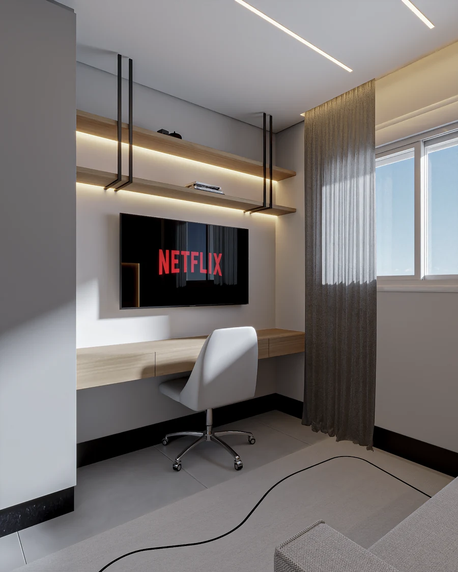 Home office integrado a quarto residencial